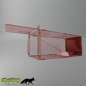 Red metal live animal trap for pest control, ideal for rats and mice.